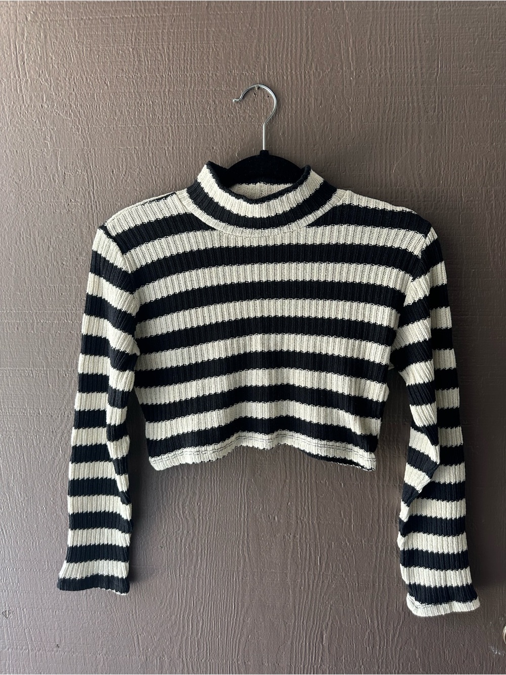 Zara Black and White Striped Cropped Mock Neck Sweater